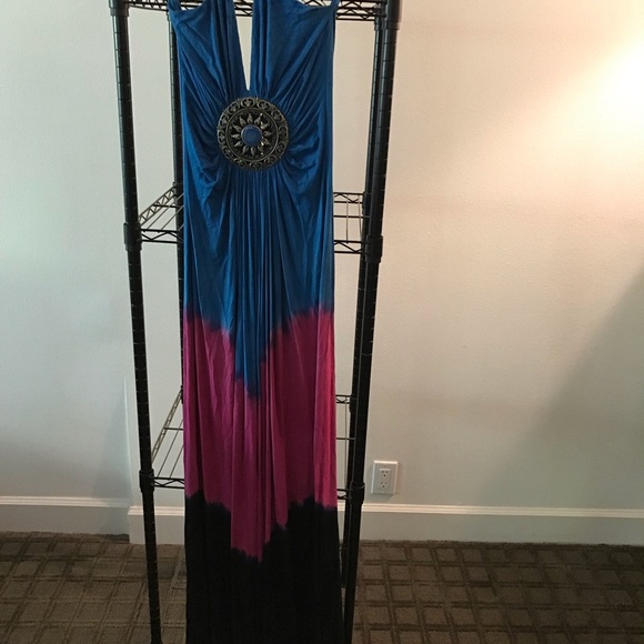 Sky blue, pink, and black Maxi Dress &feather tie - Picture 8 of 10
